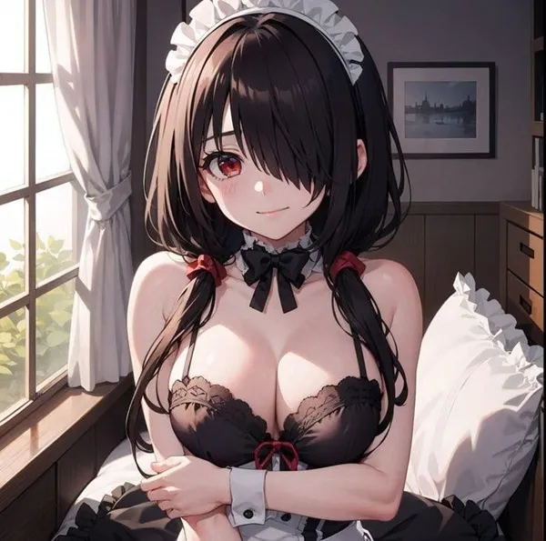Kurumi tokisaki anime có một người phụ nữ mặc trang phục giúp việc ngồi trên giường