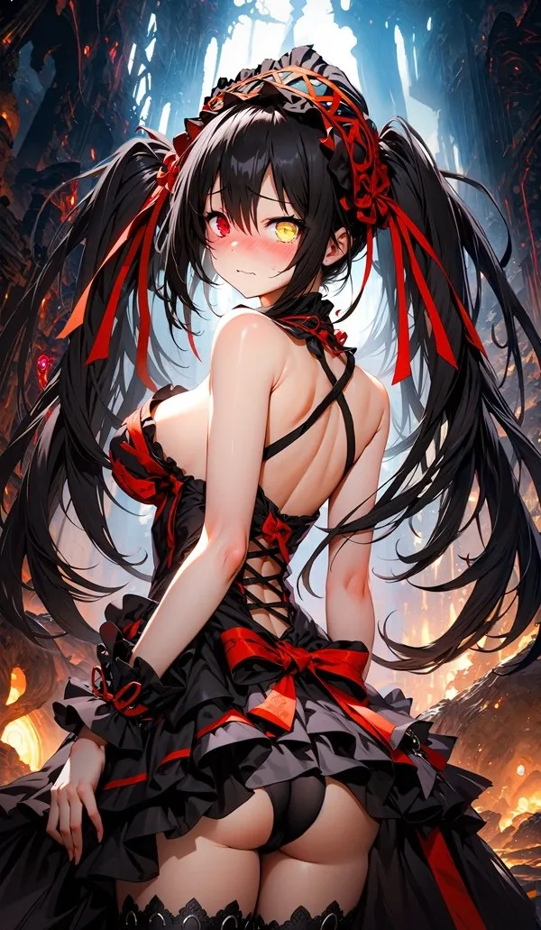 Kurumi tokisaki anime hình ảnh của một người phụ nữ mặc váy đen và đỏ