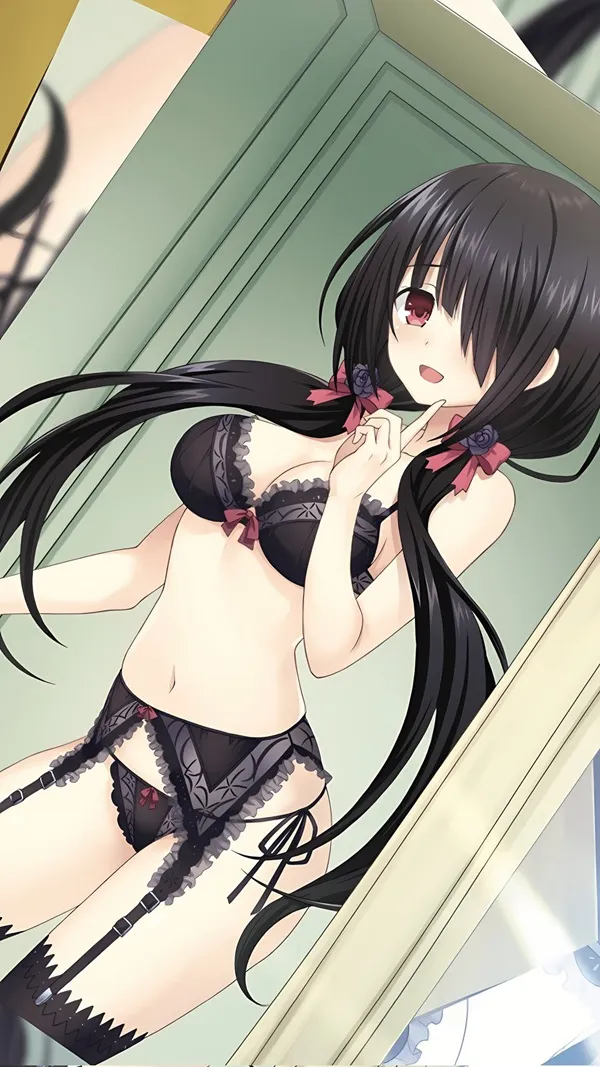Kurumi tokisaki anime họ là hai cô gái với mái tóc đen dài đứng trước gương
