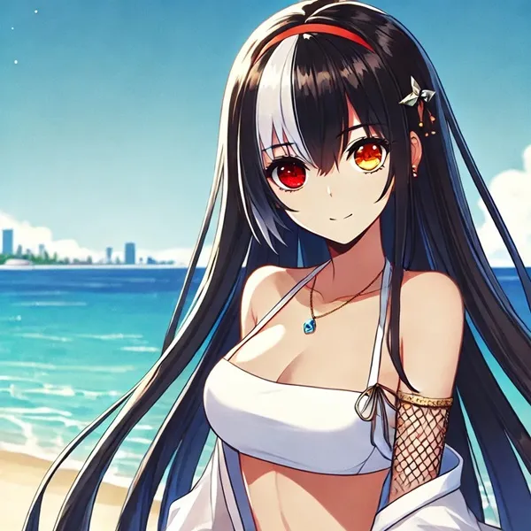 Kurumi tokisaki anime một cô gái với mái tóc đen dài và đôi mắt đỏ đứng trên bãi biển