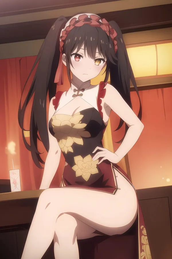 Kurumi tokisaki anime nhân vật nữ có mái tóc đen dài ngồi trên ghế đẩu
