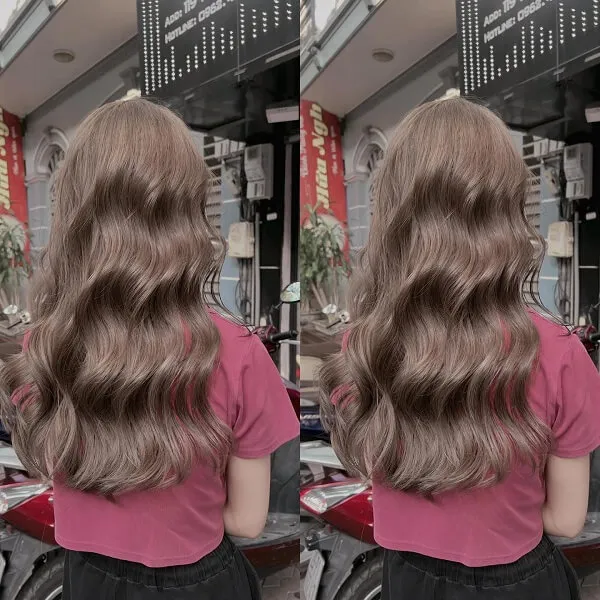 Mẫu tóc đẹp có hai hình ảnh của một người phụ nữ mái dài và áo sơ mi màu hồng