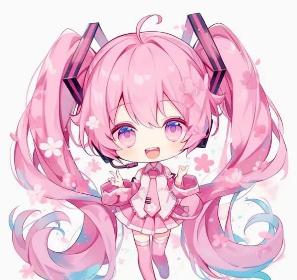 Một cô gái anime với mái tóc dài màu hồng mặc chiếc váy