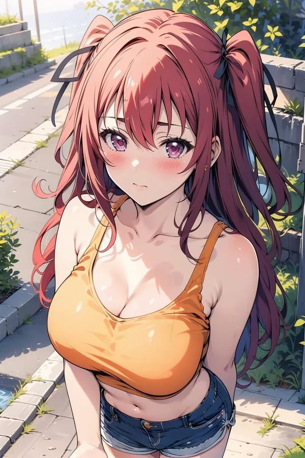 Ảnh naruse mio hentai có một người phụ nữ mái tóc đỏ dài đứng trên vỉa hè