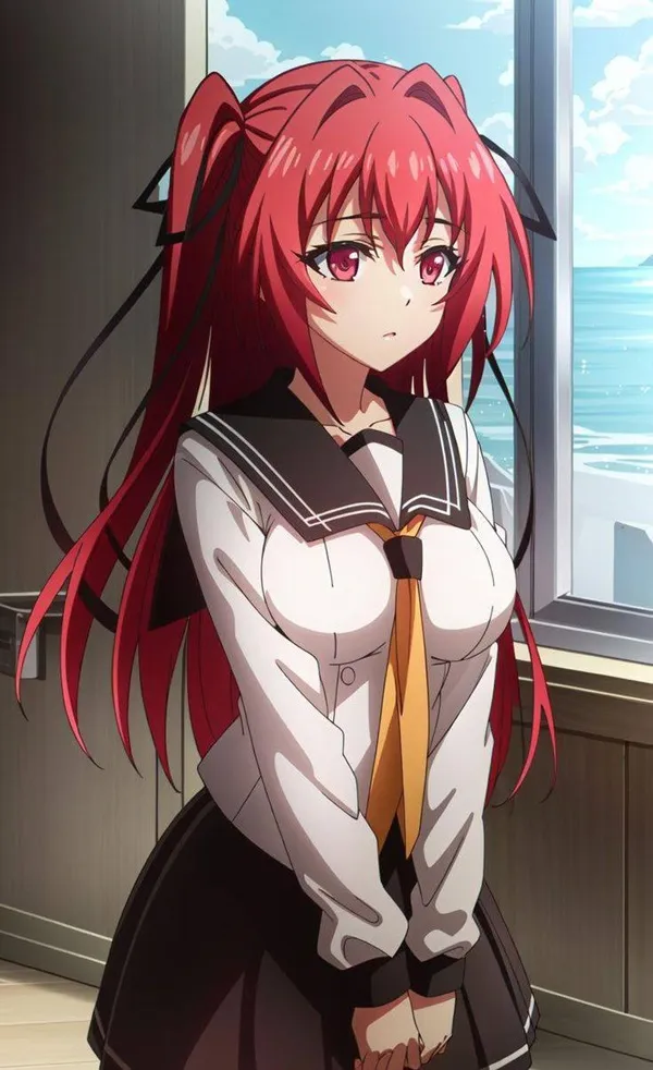 Naruse mio hentai cô gái anime với mái tóc đỏ dài trong đồng phục trường học nhìn ra cửa sổ