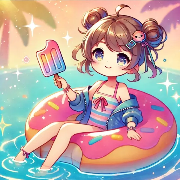 Nemugaki fubuki bikini cô gái anime ngồi trên chiếc bánh rán bơm hơi cầm popsicle