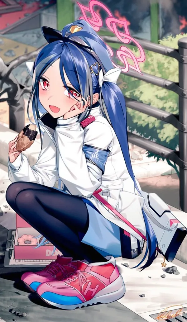 Ảnh nemugaki fubuki bikini có một cô gái anime ngồi trên mặt đất ăn bánh rán