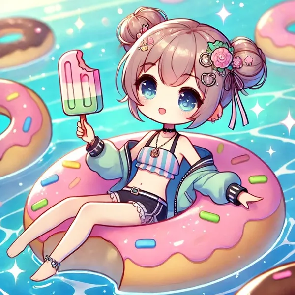 Nemugaki fubuki cute cô gái anime dễ thương đang ngồi trên một chiếc bánh rán nổi trong nước với popsicle