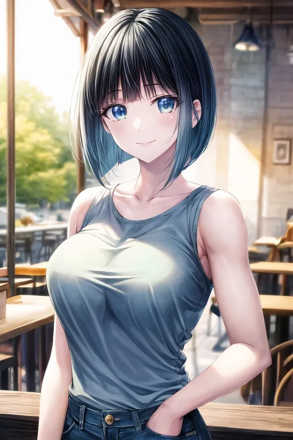 Ảnh ono shiragiku bikini có một người phụ nữ đang đứng trước bàn