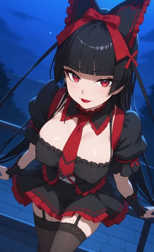 Ảnh rory mercury hentai có một người phụ nữ mặc trang phục màu đen và đỏ chụp
