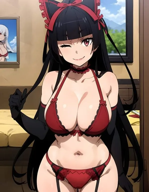 Ảnh rory mercury hentai có một người phụ nữ mặc đồ đỏ và đen tạo dáng cho máy