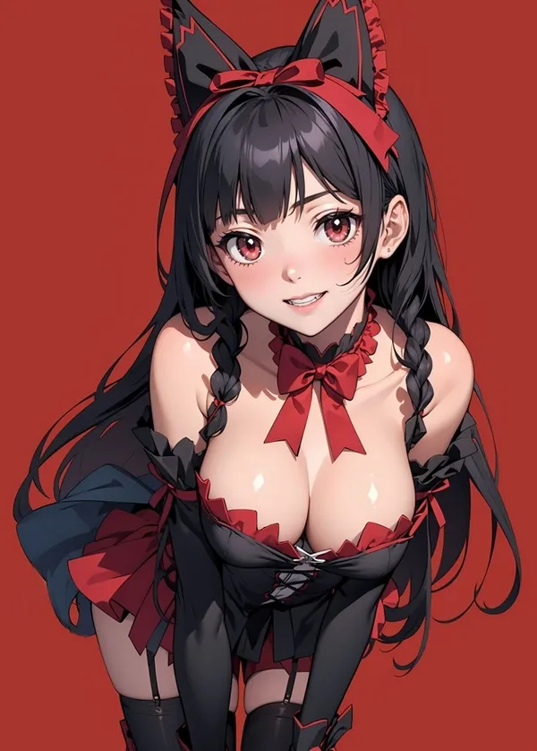Rory mercury một cô gái anime với mái tóc đen dài mặc trang phục màu đỏ và