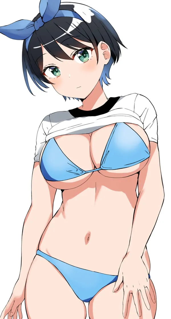 Ảnh sarashina ruka hentai cô gái anime mặc bộ bikini màu xanh với một cái nơ trên đầu