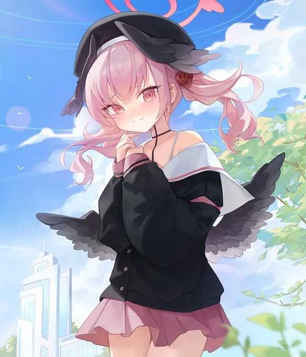 Ảnh shimoe koharu sexy một cô gái anime với mái tóc màu hồng đội mũ đen và váy