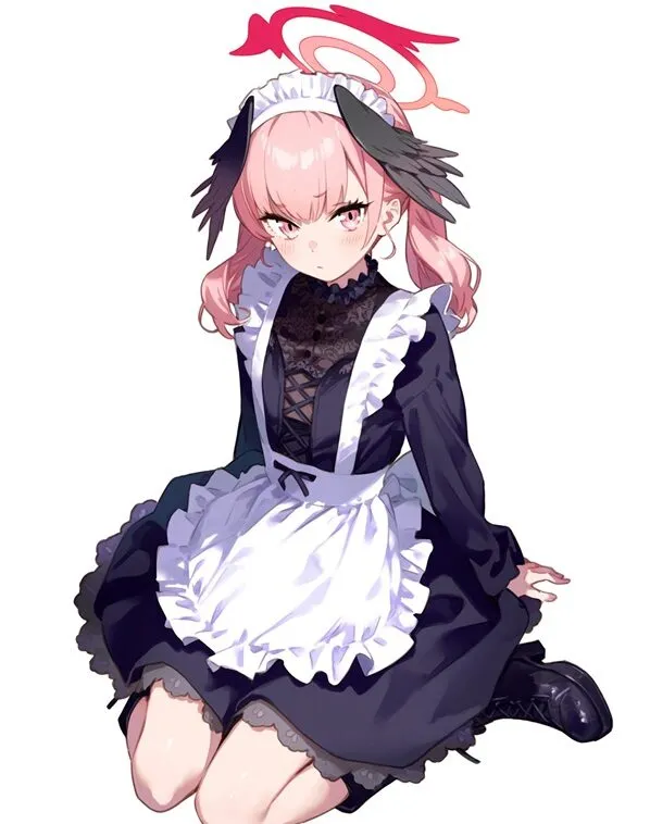 Shimoe koharu cosplay cô gái anime dễ thương ngồi trên mặt đất với một thiên thần đầu
