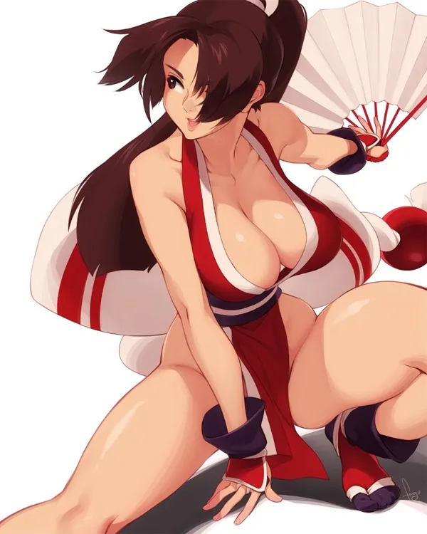 Ảnh shiranui mai hentai người phụ nữ gợi cảm mặc trang phục màu đỏ và trắng ngồi trên mặt đất với một hâm mộ