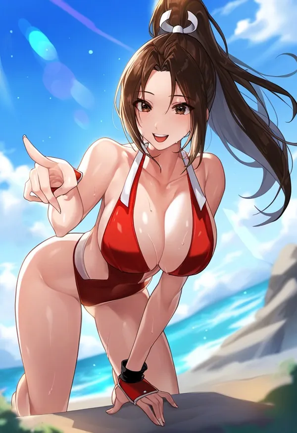 Shiranui mai một người phụ nữ mặc bikini màu đỏ đang tạo dáng trên bãi biển