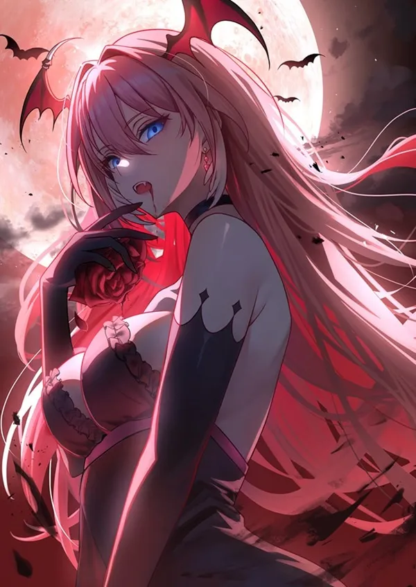 Ảnh takane lui bikini cô gái anime với mái tóc đỏ và đôi mắt xanh đứng trước mặt trăng tròn