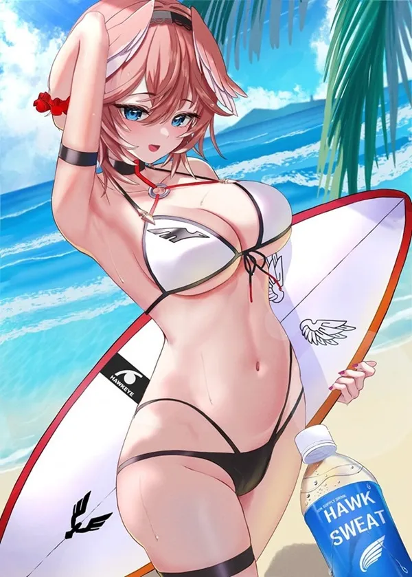Takane lui bikini cô gái anime mặc cầm ván lướt sóng và một chai nước