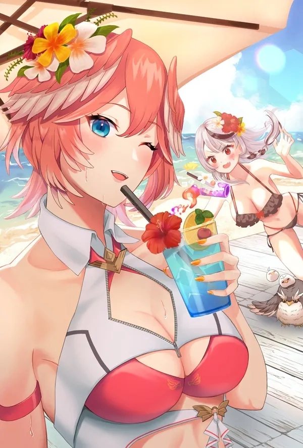 Takane lui nóng bỏng có một người phụ nữ mặc bikini uống đồ trên bãi biển
