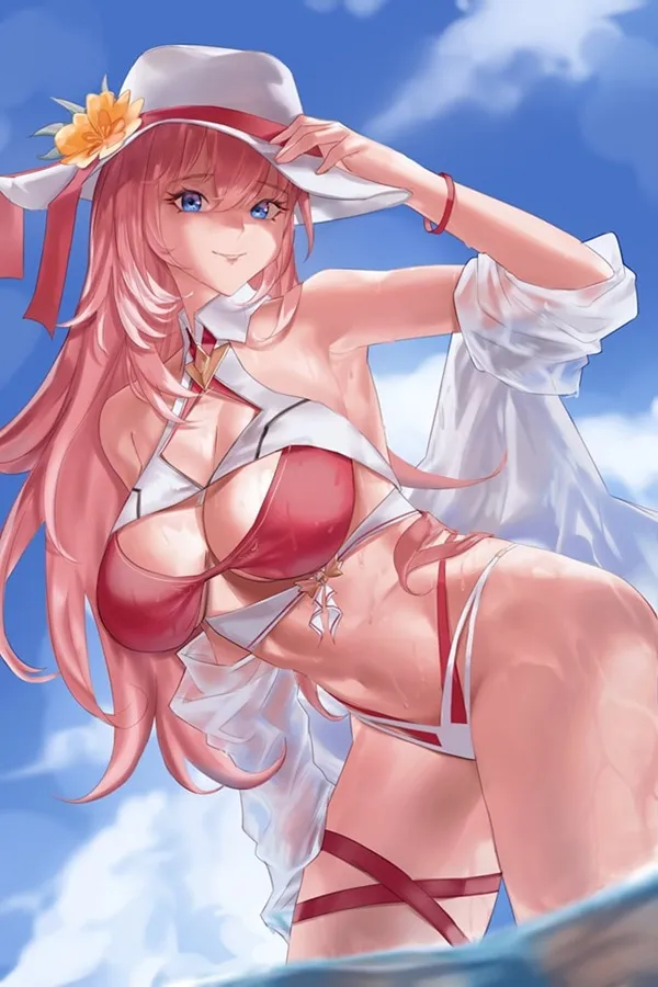 Takane lui nóng bỏng có một người phụ nữ mặc bikini và chiếc mũ đứng trong nước