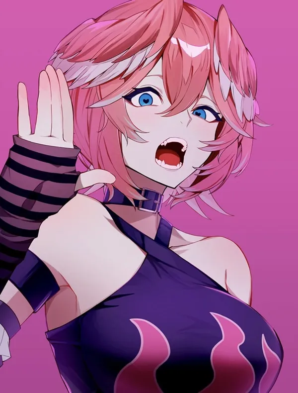 Takane lui sexy cô gái anime với mái tóc hồng và đôi mắt xanh giữ tay lên không trung