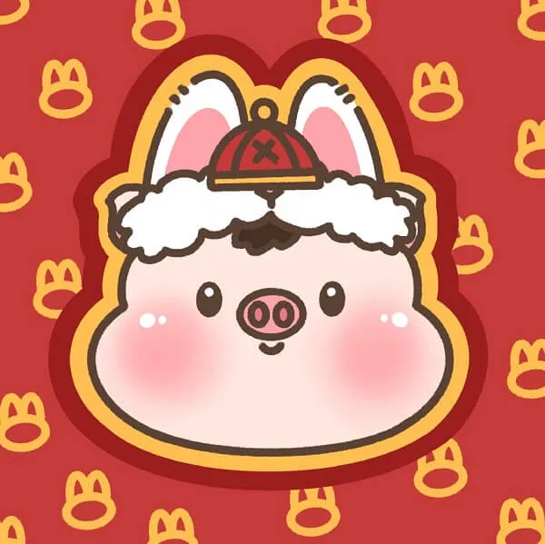 Có một con lợn hoạt hình đội mũ ông già noel trên nền đỏ