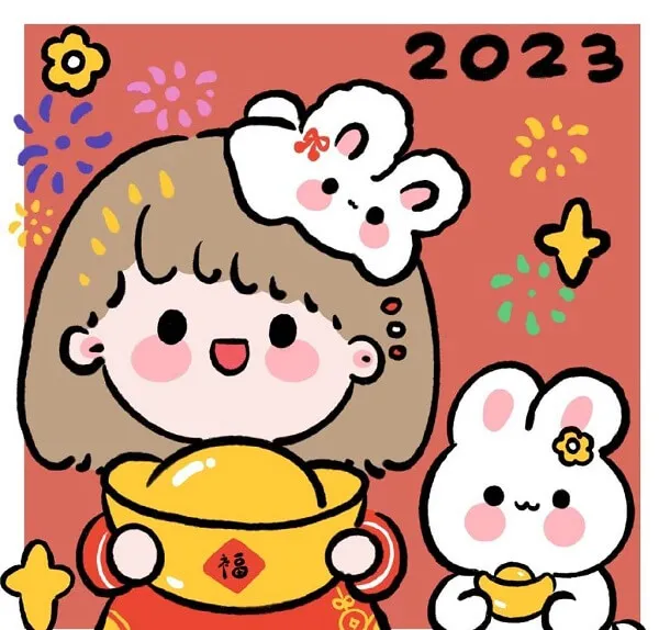 Một minh họa của cô gái cầm chậu với con thỏ bên cạnh ấy, avatar tết cute
