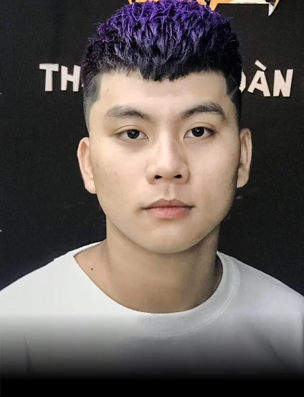 Tóc mohican có một chàng trai trẻ với mái màu tím tạo dáng cho bức tranh