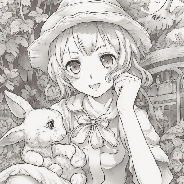 Tranh tô màu anime boy ngầu có một bản vẽ của cô gái với chiếc mũ giữ con thỏ