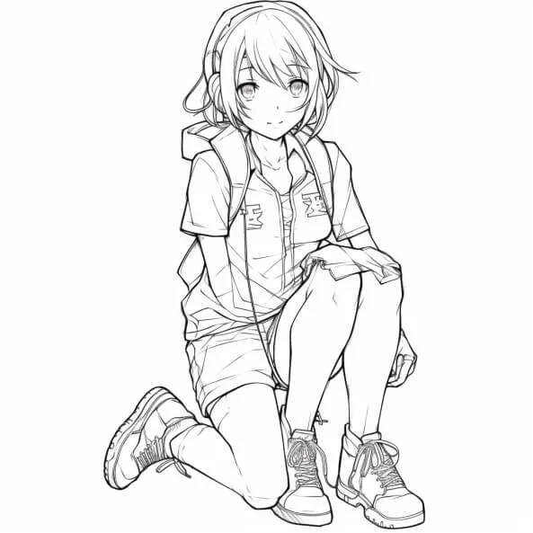 Tranh tô màu anime girl ngầu một bản vẽ đen trắng của cô gái ngồi trên mặt đất