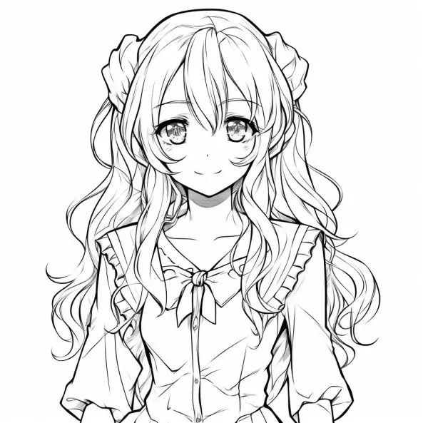 Tranh tô màu anime cute một bản vẽ của cô gái có mái tóc dài mặc váy