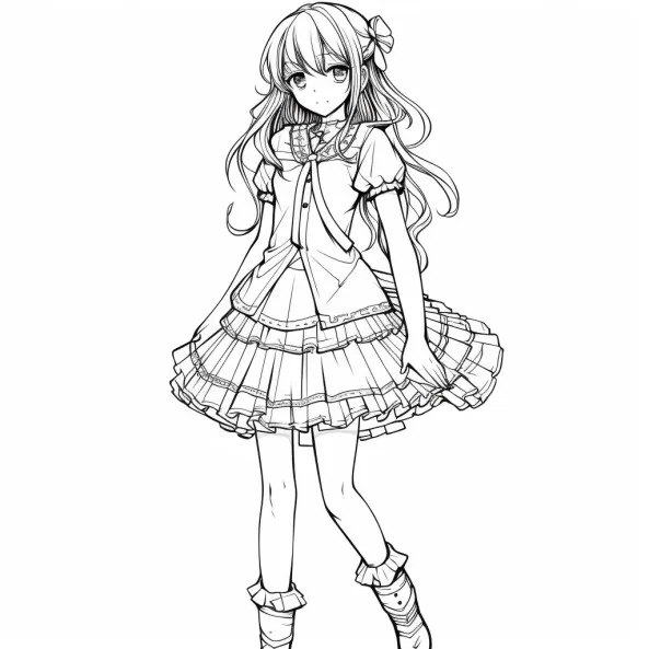Tranh tô màu anime cute một bản vẽ của cô gái mặc váy và giày