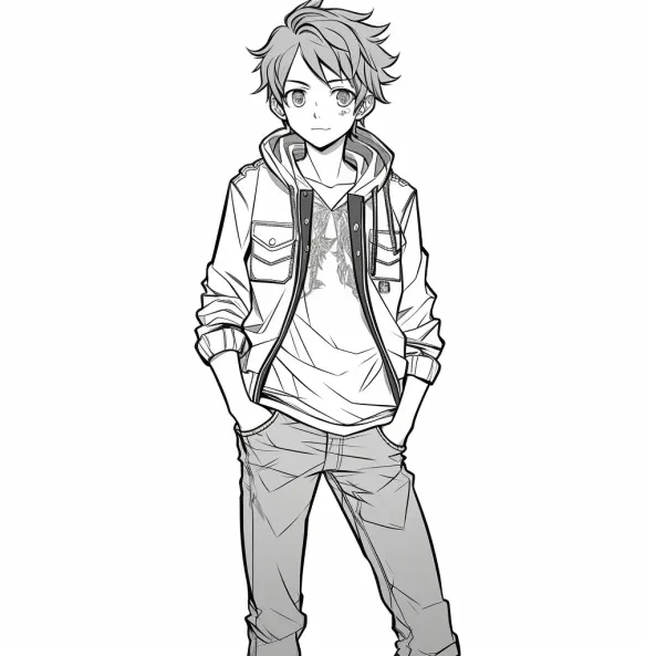 Tranh tô màu anime đây là bản vẽ của một cậu bé mặc áo hoodie và quần jean