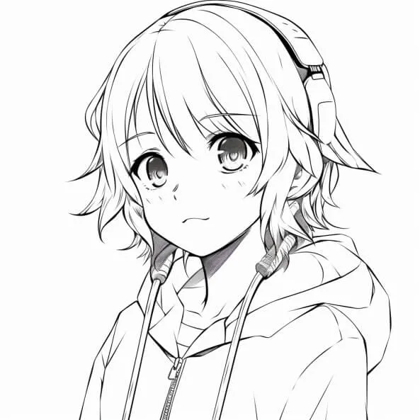 Tranh tô màu anime girl ngầu bản vẽ của một cô gái có tai nghe và áo hoodie