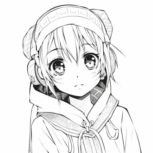 Tranh tô màu anime một bản vẽ của cô gái có mái tóc dài mặc áo hoodie