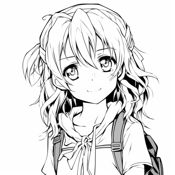 Tranh tô màu anime một bản vẽ của cô gái có mái tóc dài và chiếc ba lô