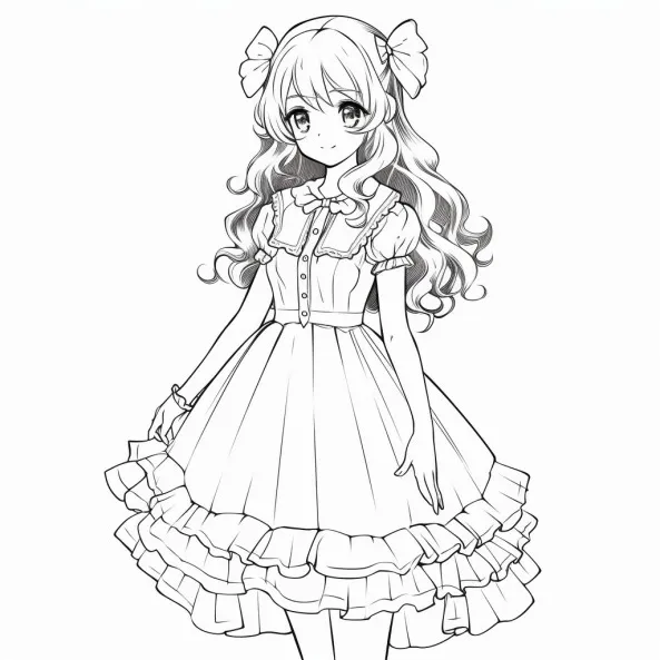 Tranh tô màu anime một bản vẽ của cô gái mặc váy có nơ trên đầu