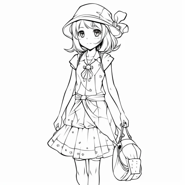 Tranh tô màu anime một cô gái mặc váy và mũ đang cầm ví