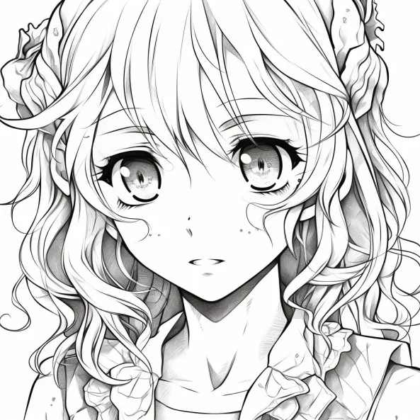 Tranh tô màu anime một bản vẽ của cô gái có mái tóc dài và đôi mắt to