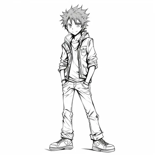 Tranh tô màu anime một bản vẽ đen trắng của cậu bé có áo khoác trên