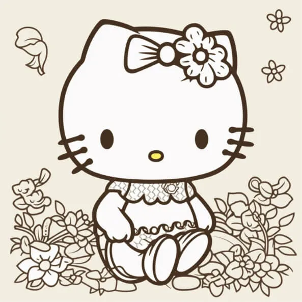 Tranh tô màu cho bé hello kitty có một chú mèo con ngồi trên mặt đất được bao quanh bởi những bông hoa