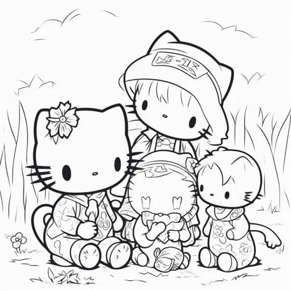 Tranh tô màu cho bé hello kitty trang và bạn bè