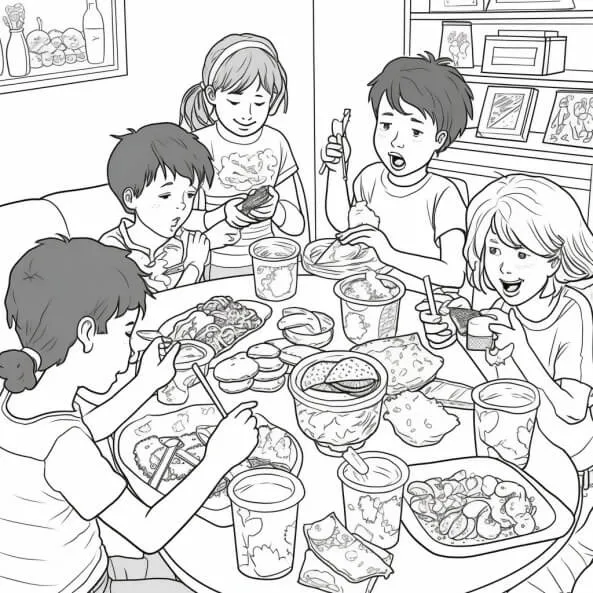 Tranh tô màu đồ ăn cute có rất nhiều trẻ em bàn cùng nhau