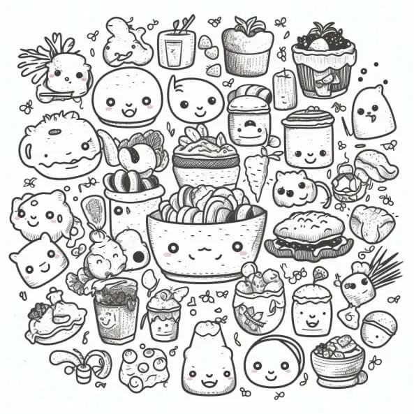Tranh tô màu đồ ăn cute mini một bản vẽ đen trắng của loạt các mặt hàng thực phẩm