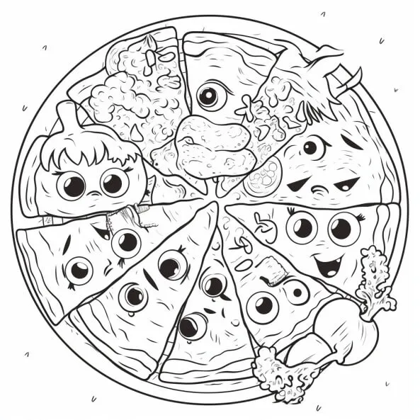 Tranh tô màu đồ ăn cute mini một bản vẽ đen và trắng của chiếc bánh pizza với nhiều khuôn mặt khác nhau
