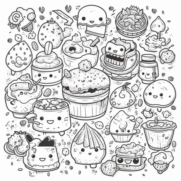 Tranh tô màu đồ ăn cute một bản vẽ đen trắng của loạt các mặt hàng thực phẩm