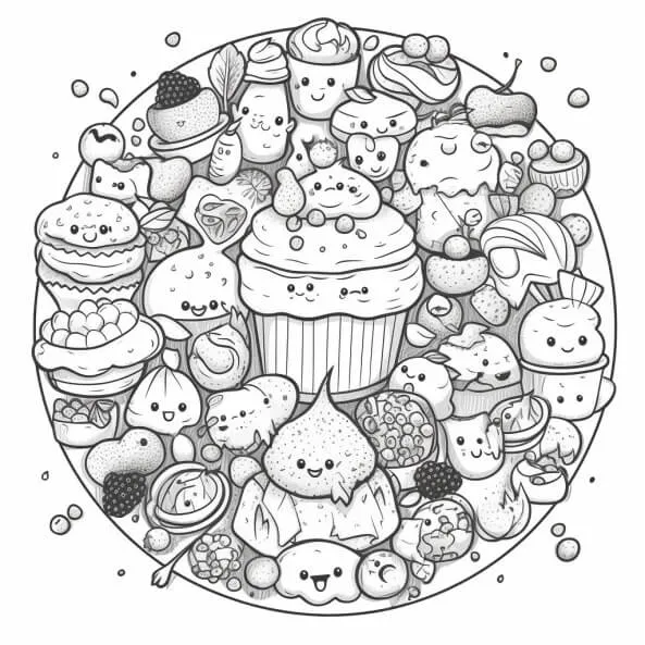 Tranh tô màu đồ ăn cute một bản vẽ đen và trắng của chiếc bánh cupcake được bao quanh bởi các món tráng miệng khác