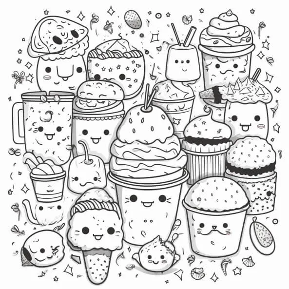 Tranh tô màu đồ ăn nhanh cute một bản vẽ đen trắng của loạt thức và uống