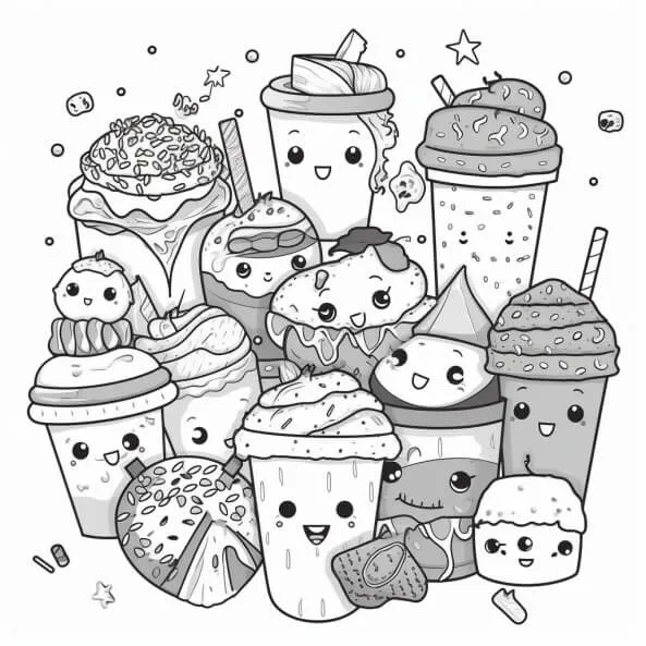 Tranh tô màu đồ ăn nhanh cute một bản vẽ đen trắng của nhiều loại uống khác nhau